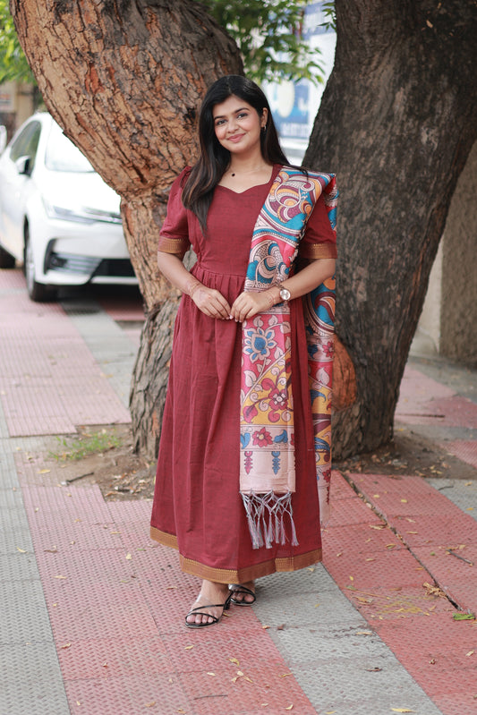 Chettinad Cotton -2 pc set -Maternity Maxi/Gown - Festival Collection -Full cotton lining- Double side zip with dupatta- Marron