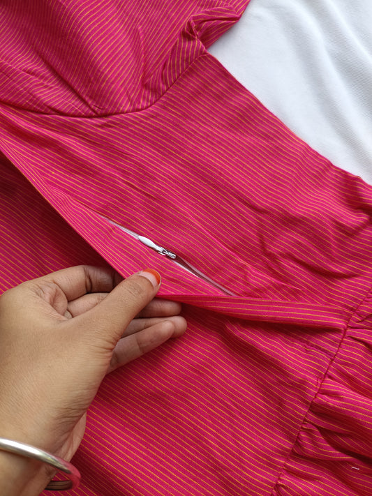 Cotton - Feeding/ Maternity Maxi/Gown - Cotton lining /Double side zip - Pink Stripe