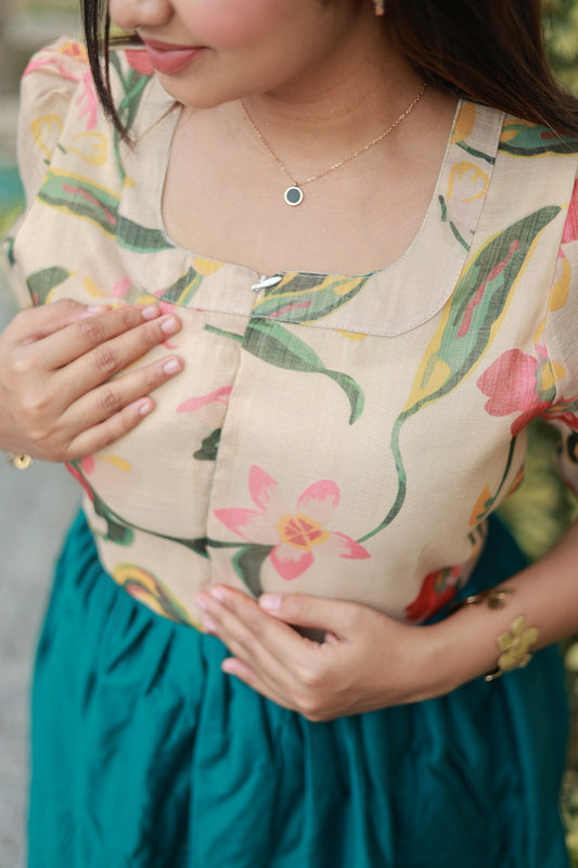 Raw silk Maternity Maxi/Gown in center zip - Festival Collection- Full cotton lining -Sandal with ramar green