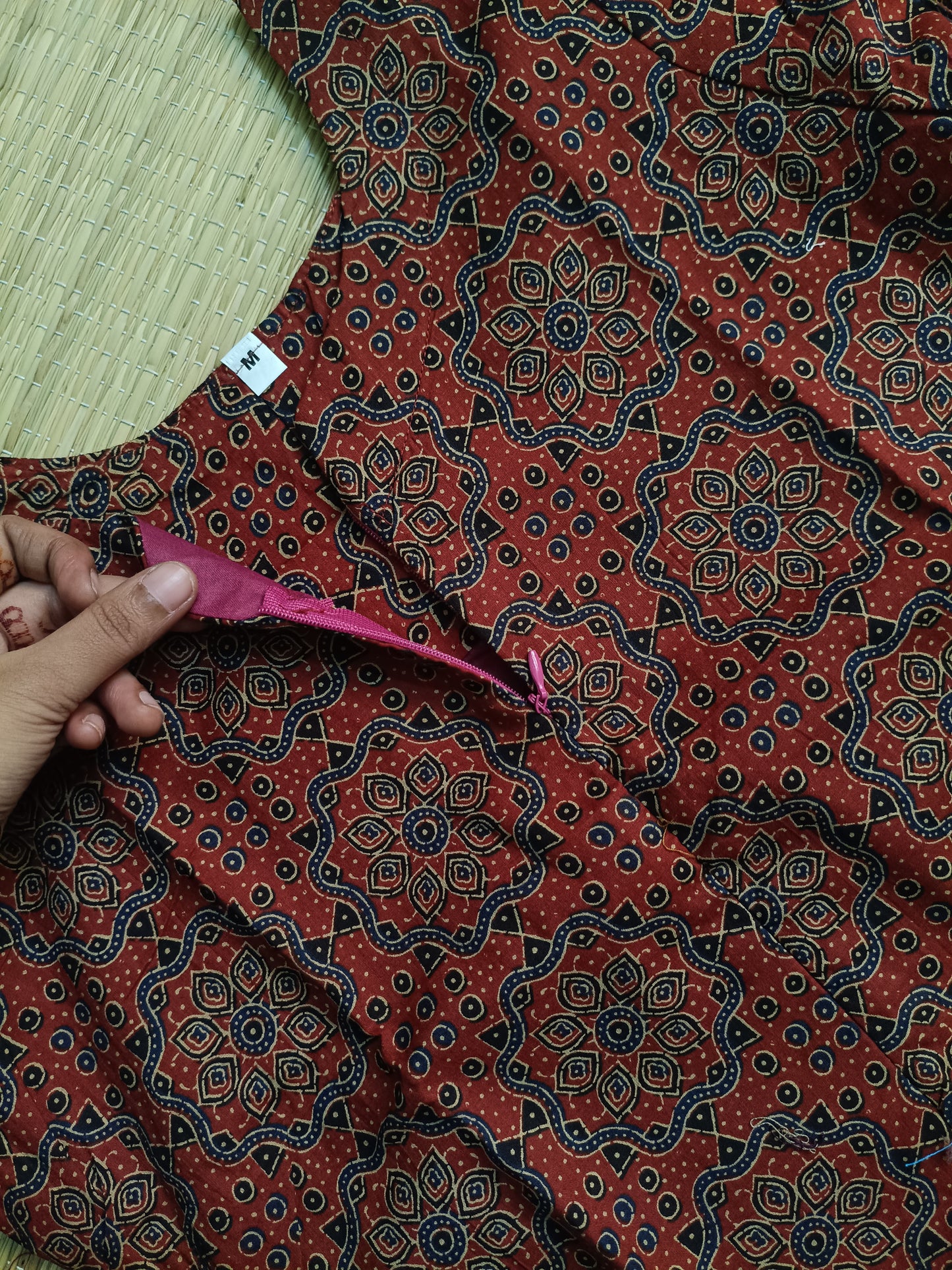 Kalamkari Cotton  A line Maternity Feeding Kurti /Center Zip(Dress length 45 inches)- Red kolam