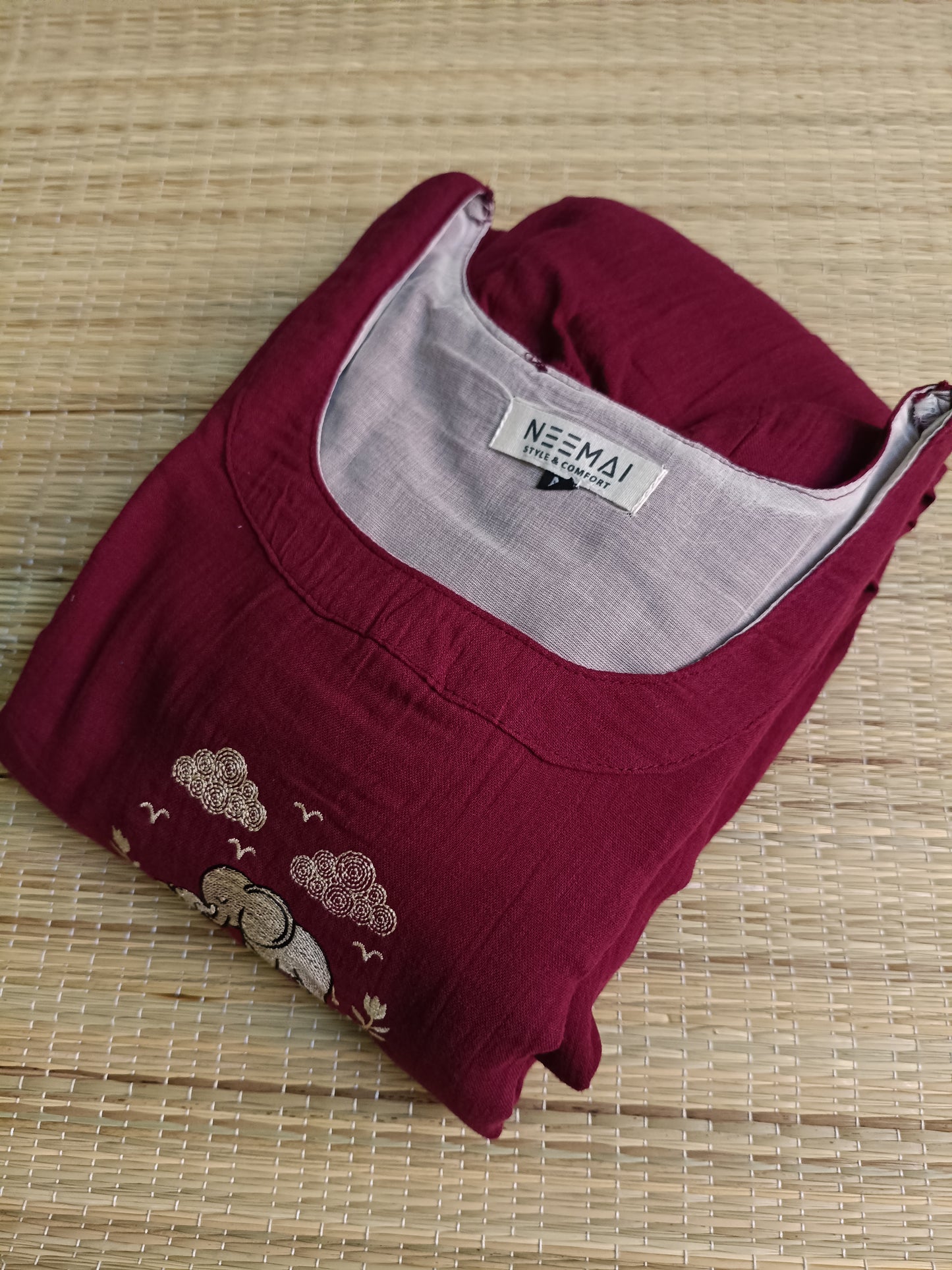 Muslin Cotton Maternity Feeding Dress – Maroon| Double Side Nursing Zip( elephant embroidery Design)