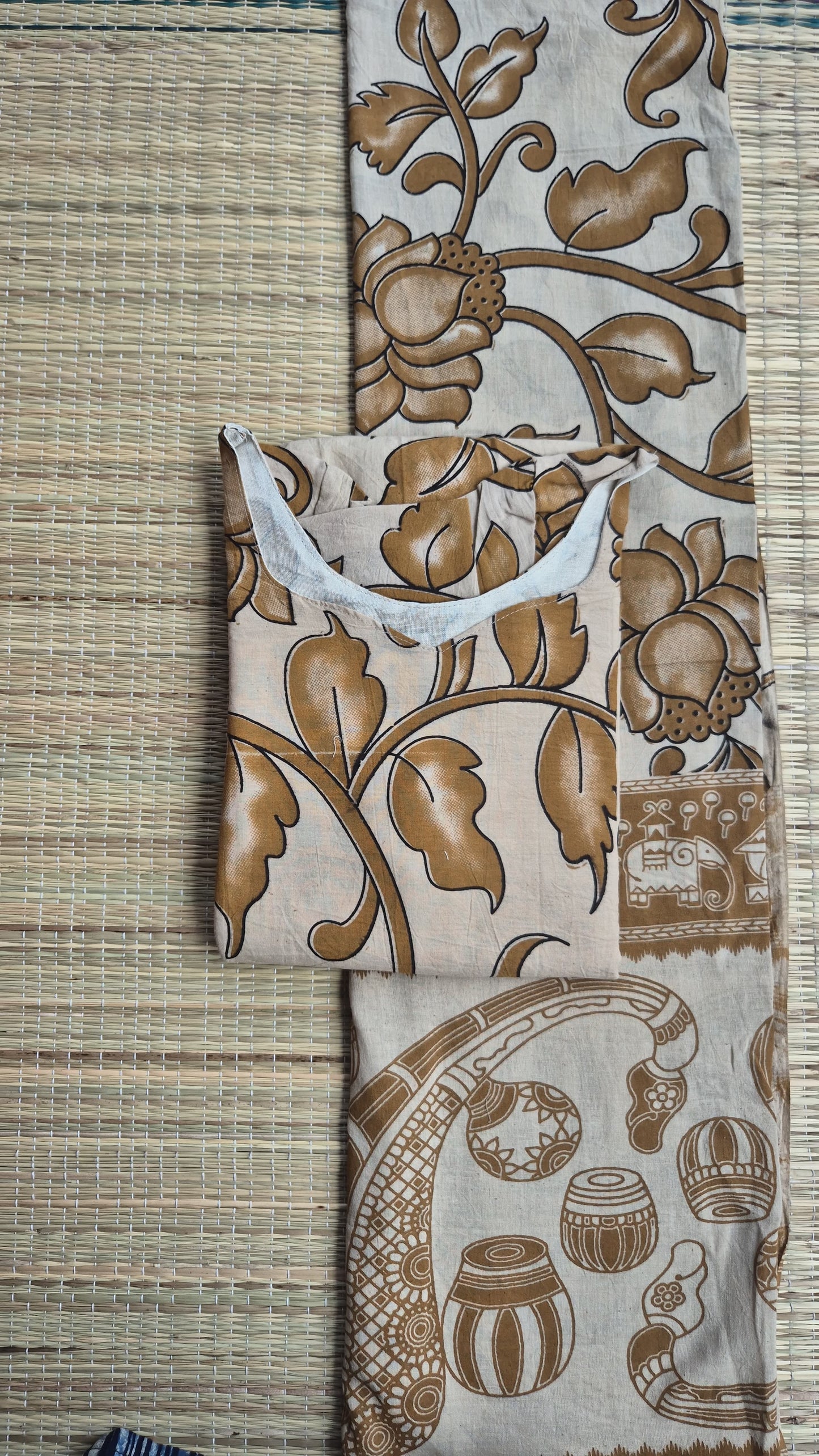 Block printed kalamkari cotton Maternity 2 pc chudidhar set [ Top with double side zip, and dupatta -Brown flower
