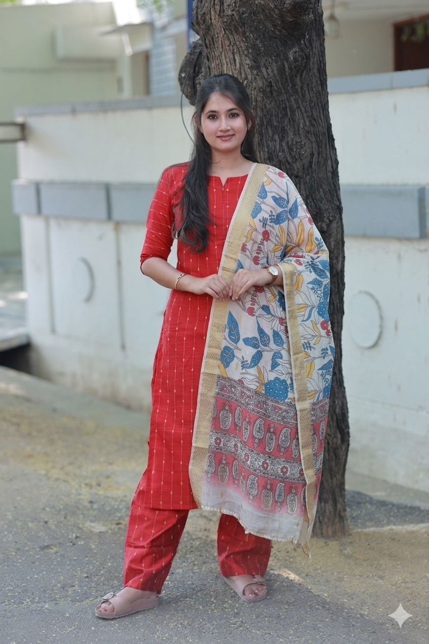 Coordset - Raw silk Maternity 3 pc  festival kurti  set [ Top with center zip, pant and dupatta ] - Deep Red