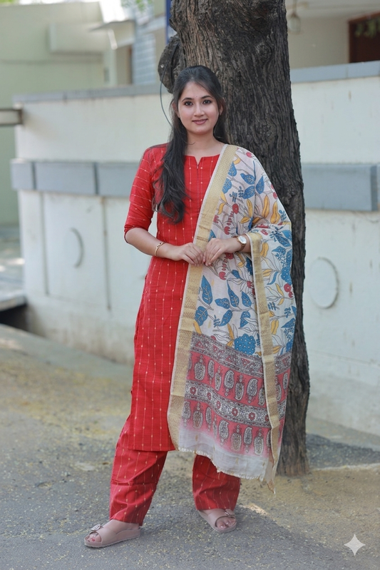 Coordset - Raw silk Maternity 3 pc  festival kurti  set [ Top with center zip, pant and dupatta ] - Deep Red