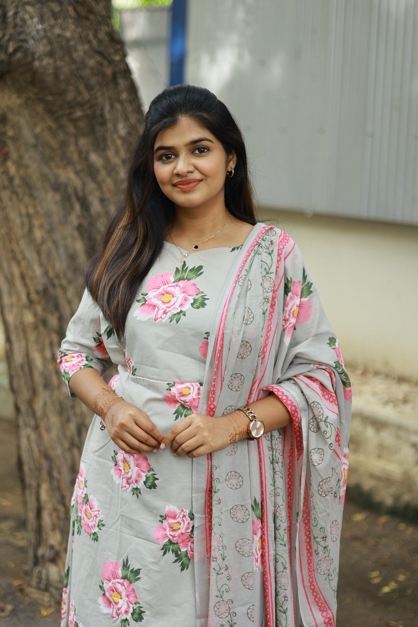 Cotton /Maternity 3 pc chudidhar set [ A line Top with double side zip, pant and dupatta] -Grey  with pink flower ( No side open top)