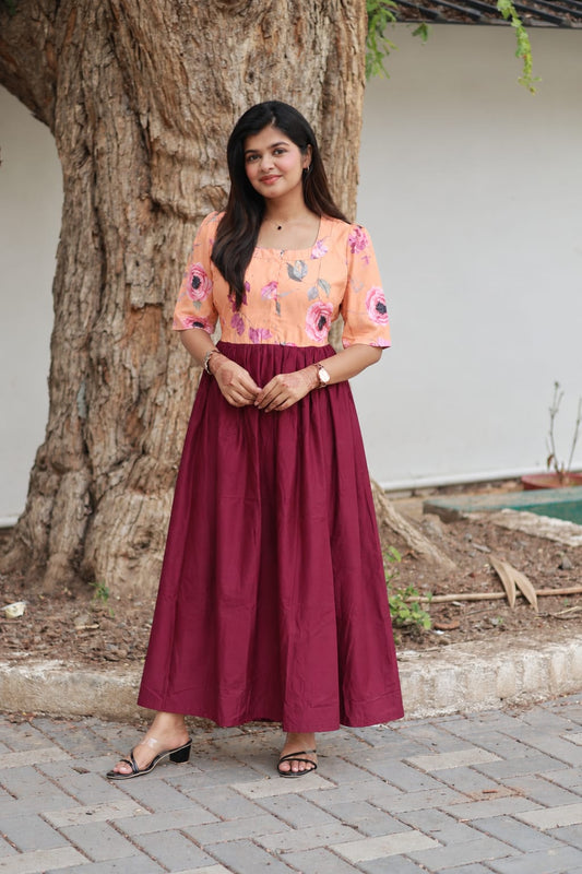 Raw silk Maternity Maxi/Gown in center zip - Festival Collection- Full cotton lining - Maroon with orange flower