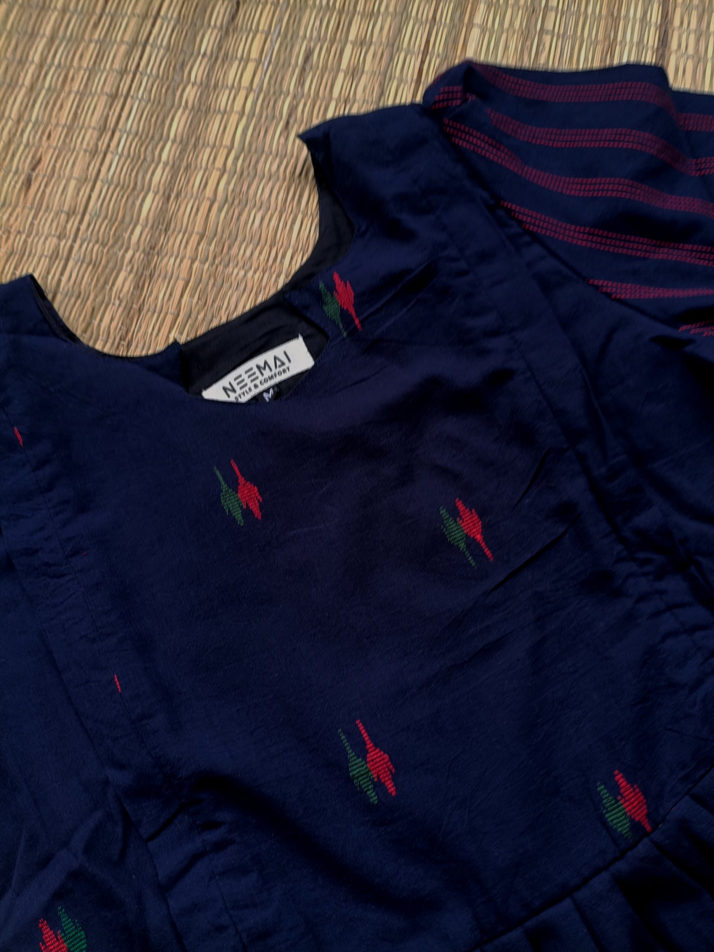 Handloom Cotton Maternity Feeding Gown/ maxi / Double side zip–Navy blue with Red green butta