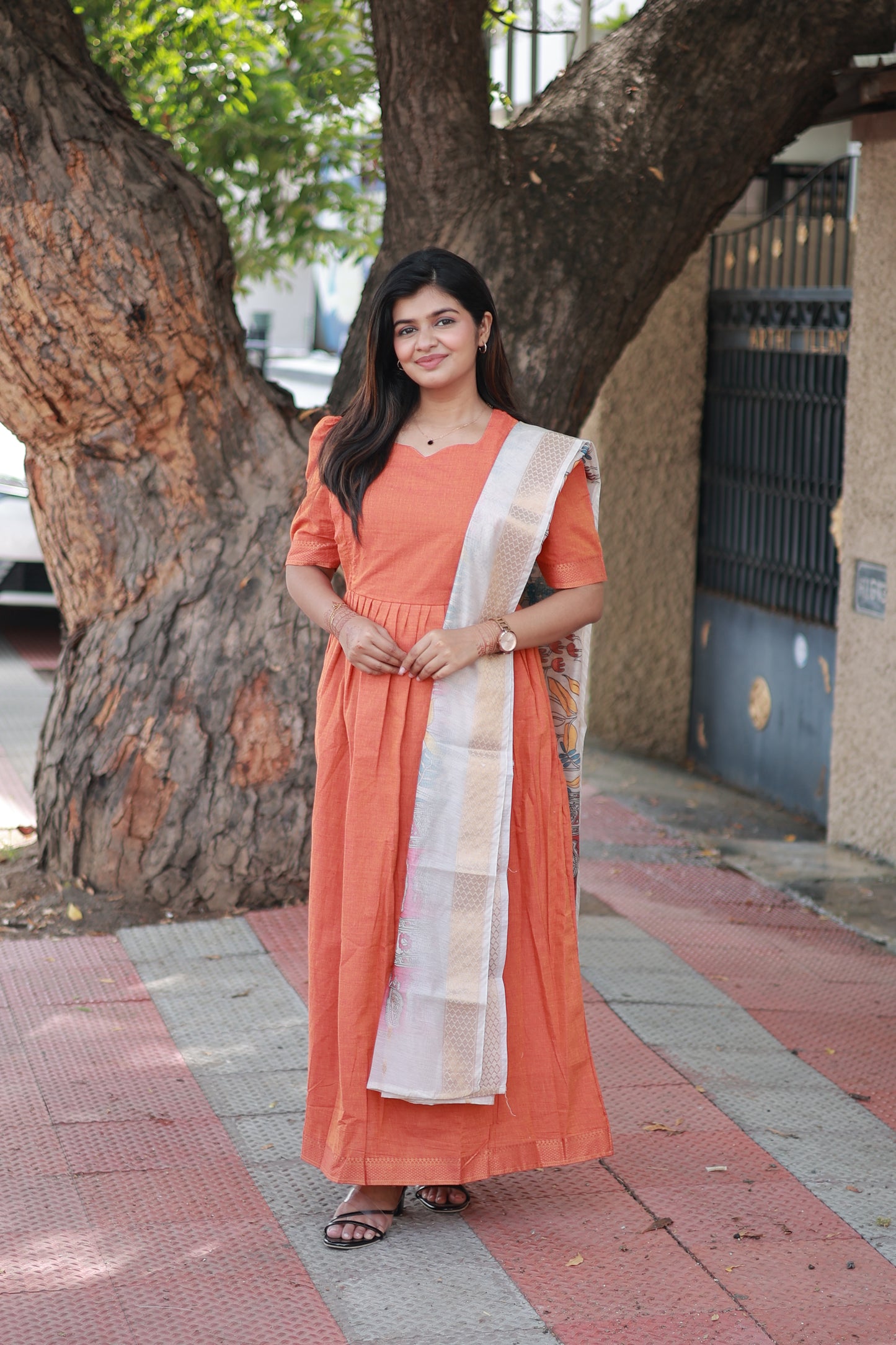 Chettinad Cotton -2 pc set -Maternity Maxi/Gown - Festival Collection -Full cotton lining- Double side zip with dupatta- Orange With multi color