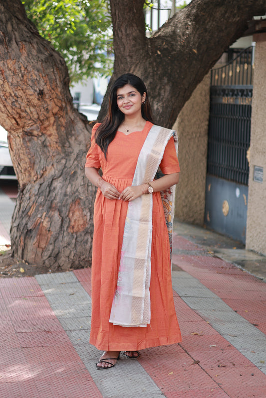 Chettinad Cotton -2 pc set -Maternity Maxi/Gown - Festival Collection -Full cotton lining- Double side zip with dupatta- Orange With multi color
