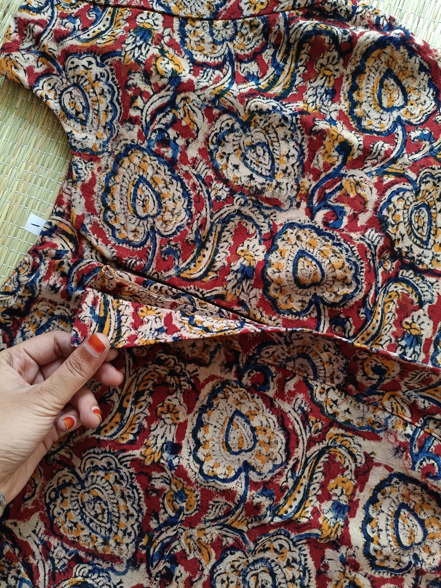 Block printed kalamkari cotton Maternity 2 pc chudidhar set [ Top with center side zip, and dupatta - Leaf red kalamkari (A line top)