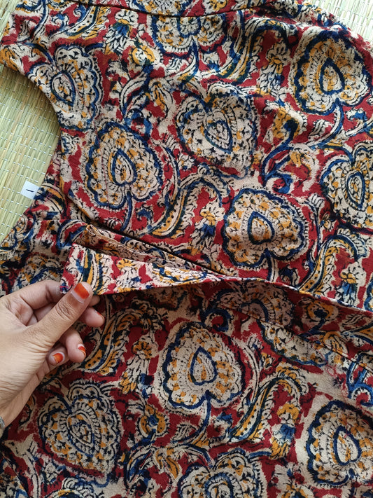 Block printed kalamkari cotton Maternity 2 pc chudidhar set [ Top with center side zip, and dupatta - Leaf red kalamkari (A line top)
