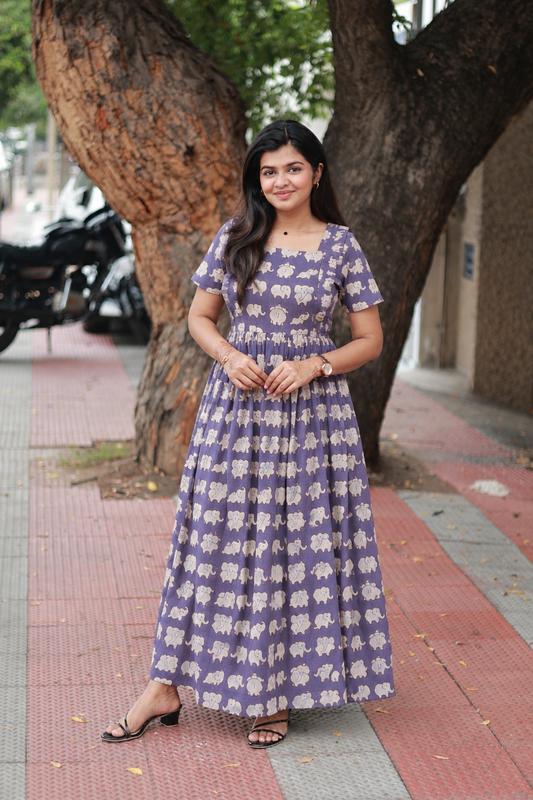 Kalamkari Cotton Maternity Feeding Gown/ Maxi /Double side zip– purple elephant