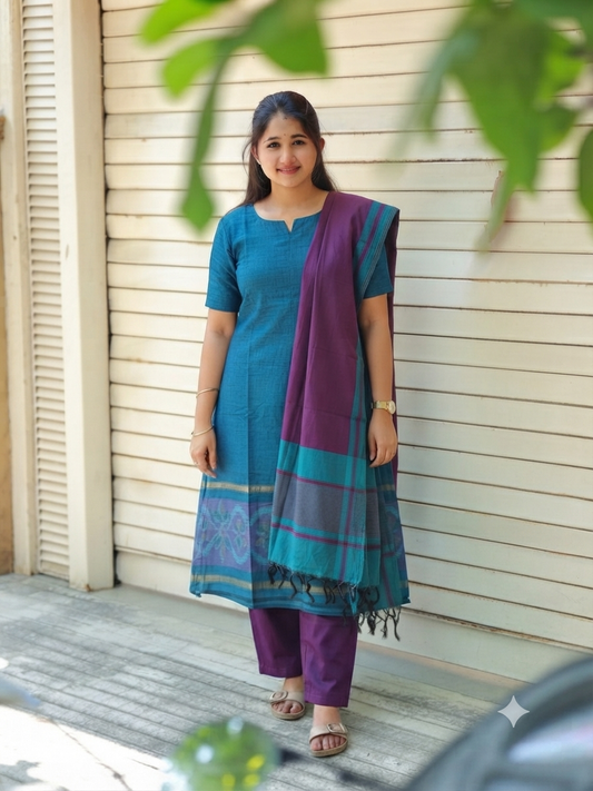 Pochampally sico set/ maternity 3 pc chudidhar set [ Top with center  zip, pant and dupatta - Dark blue and purple