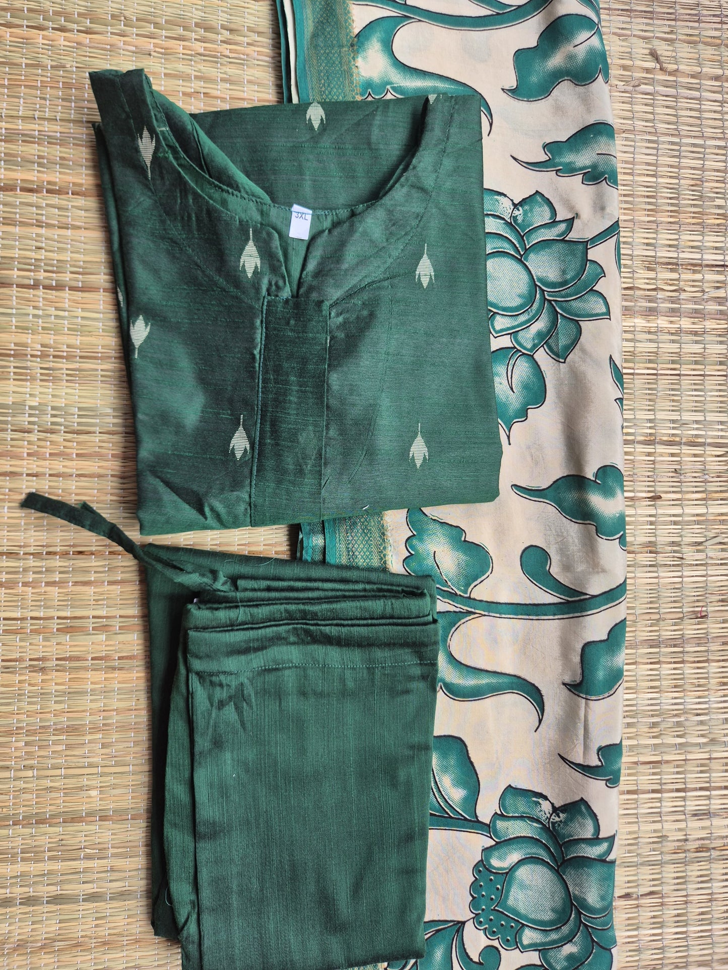 Raw silk Maternity 3 pc chudidhar set [ Top with center side zip,  Pant and dupatta - Forest green