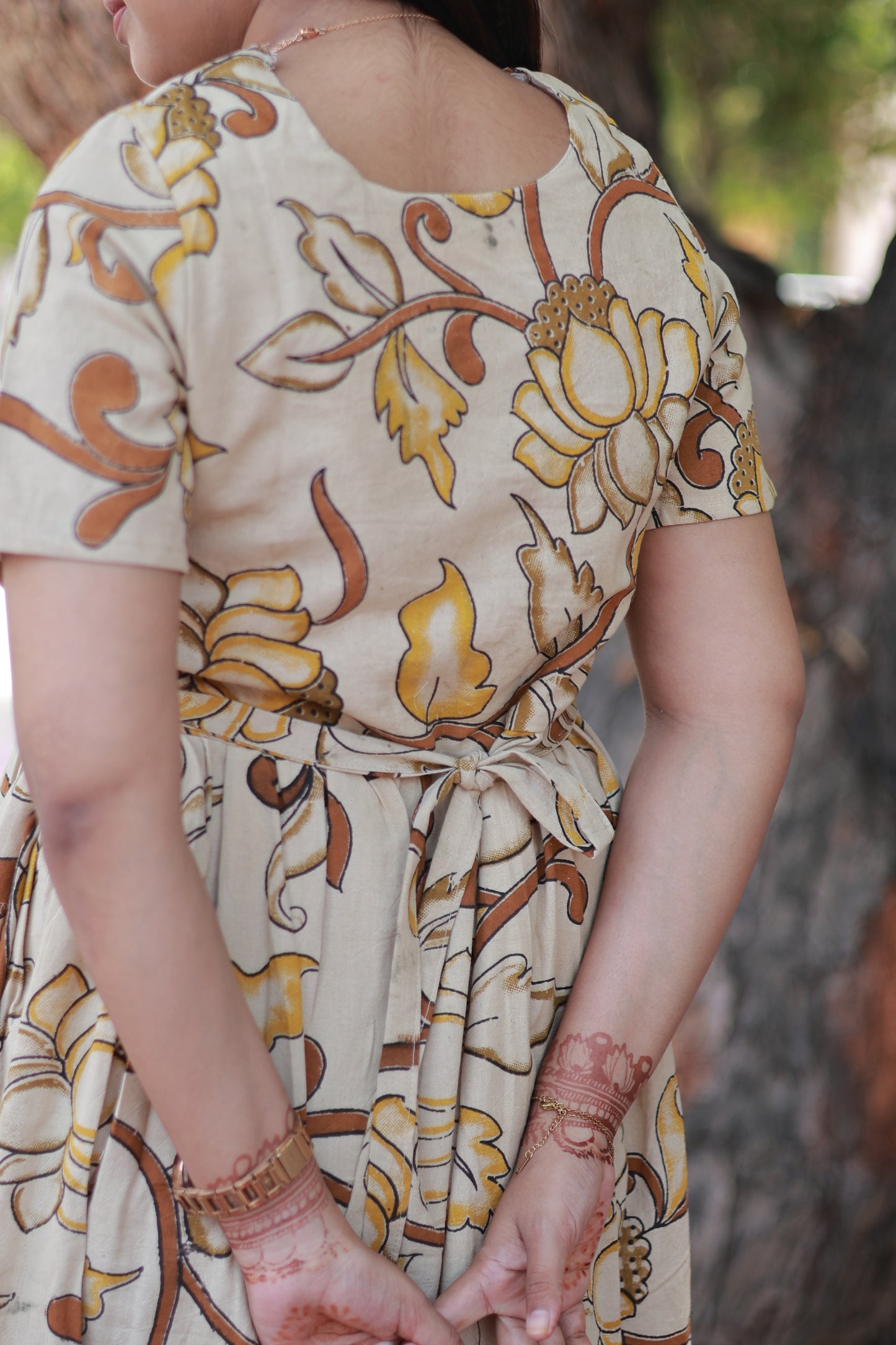 Kalamkari cotton- Feeding/ Maternity Maxi/Gown - Cotton lining  / Double side zip- Brown with yellow