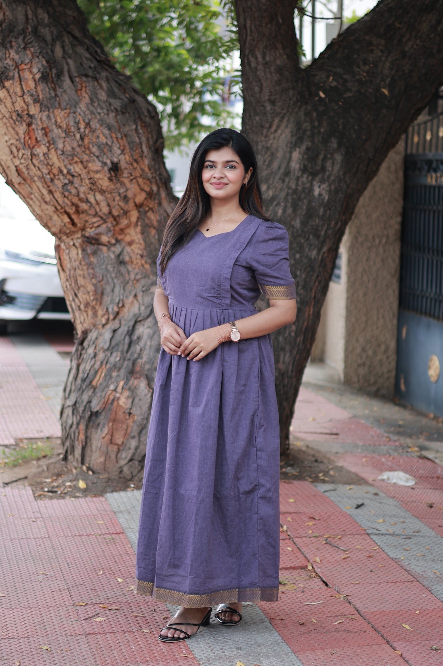 Chettinad Cotton -2 pc set -Maternity Maxi/Gown - Festival Collection -Full cotton lining- Double side zip with dupatta- Purple