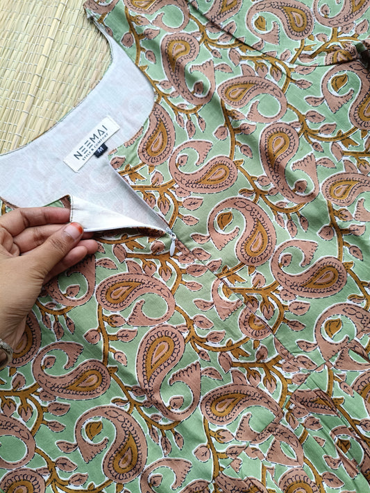 Premium Cotton - Feeding/ Maternity Maxi/Gown - Cotton lining /Center zip - Green flower