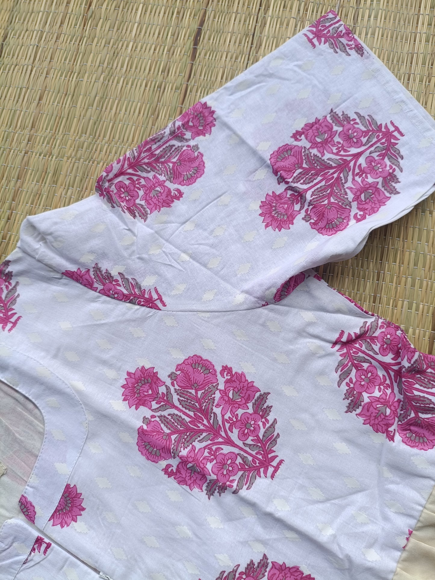 Cotton / Raw silk Maternity Maxi/Gown in center zip - Festival Collection- Full cotton lining - white with pink flower