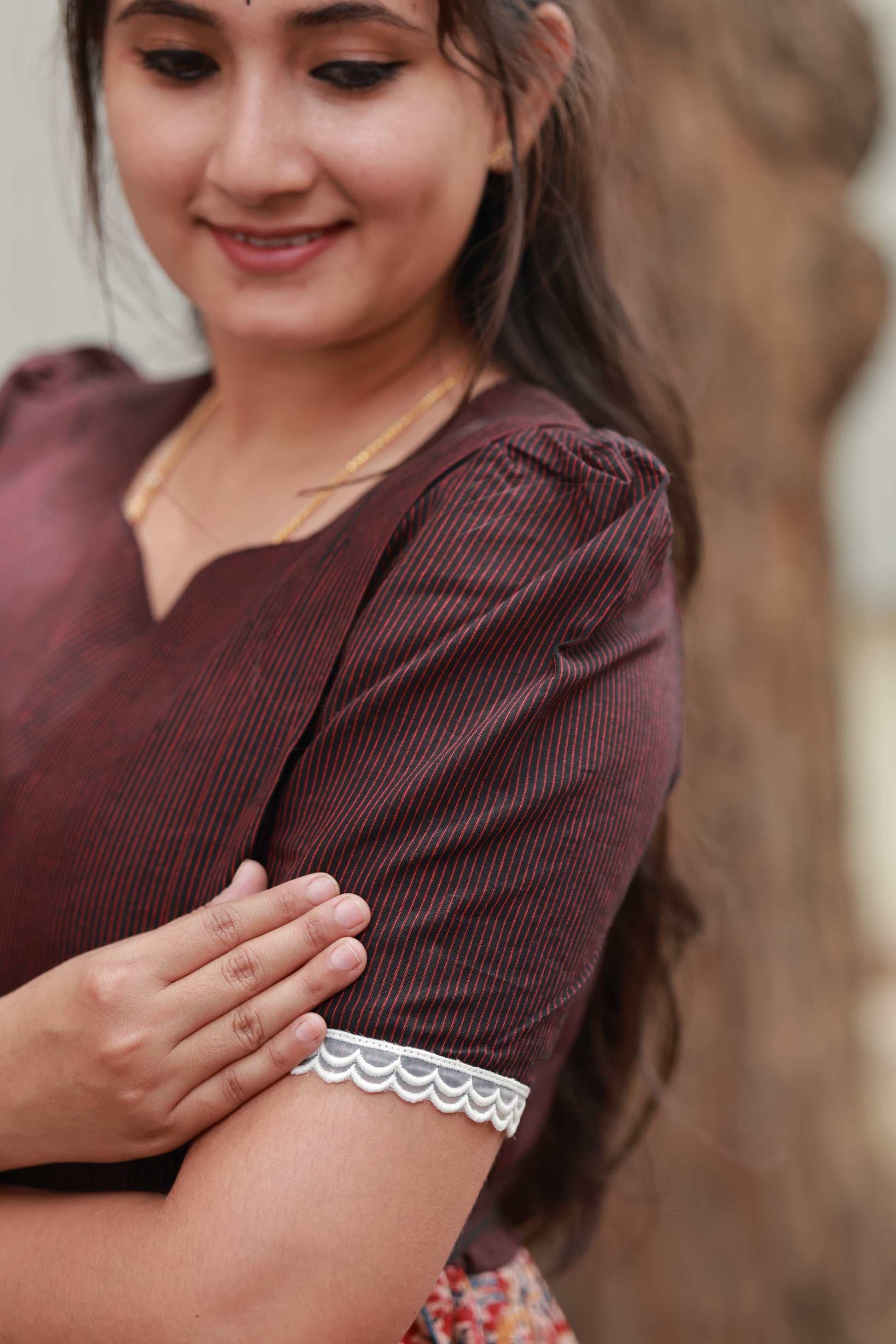 Kalamkari Cotton - Feeding/Maternity- Maxi/Gowns- Double side zip- 3/4th sleeves with white lace, Stylish contrast combination.