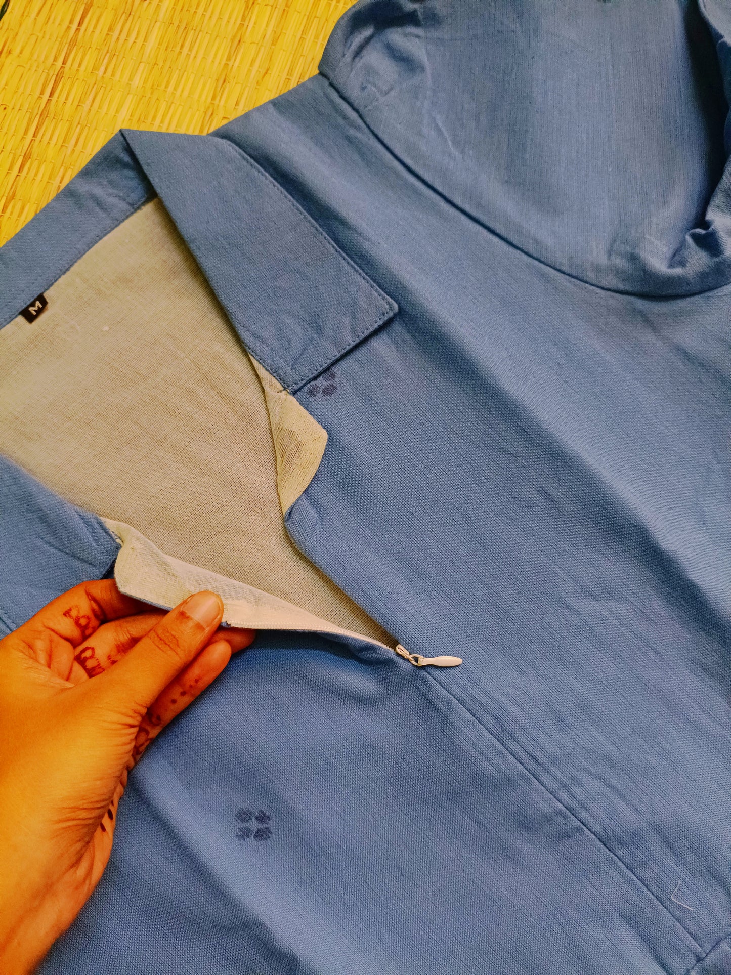 Prewashed Handloom Jamdani - Maternity / Feeding - Maxi/Gown - Cotton Lining - Center zip- Collar Sky blue