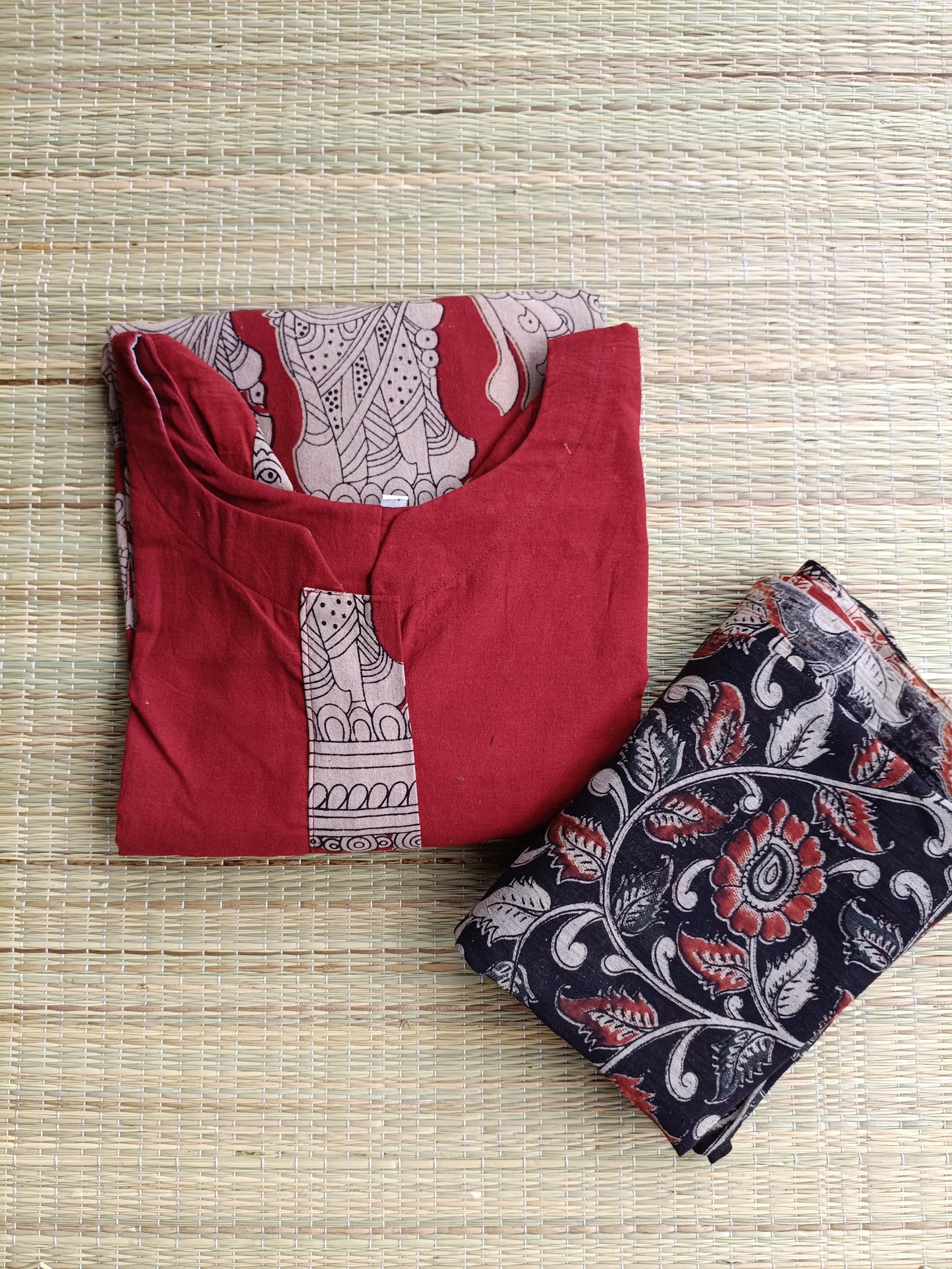 Block printed kalamkari cotton Maternity 2 pc chudidhar set [ Top with center side zip, and dupatta - Brown flower