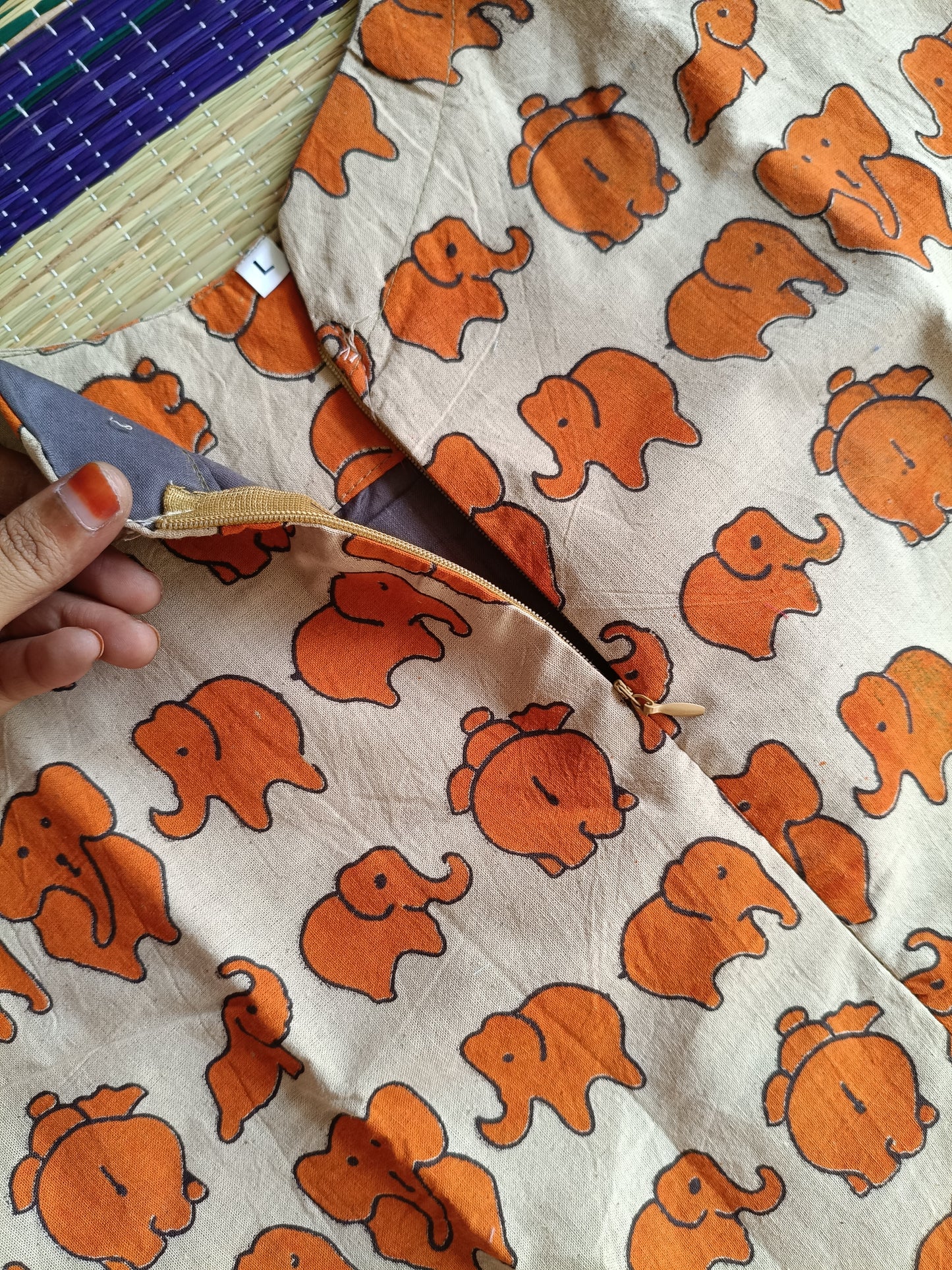 Block printed kalamkari cotton Maternity 2 pc chudidhar set [ Top with center zip, and dupatta - Orange elephant kalamkari