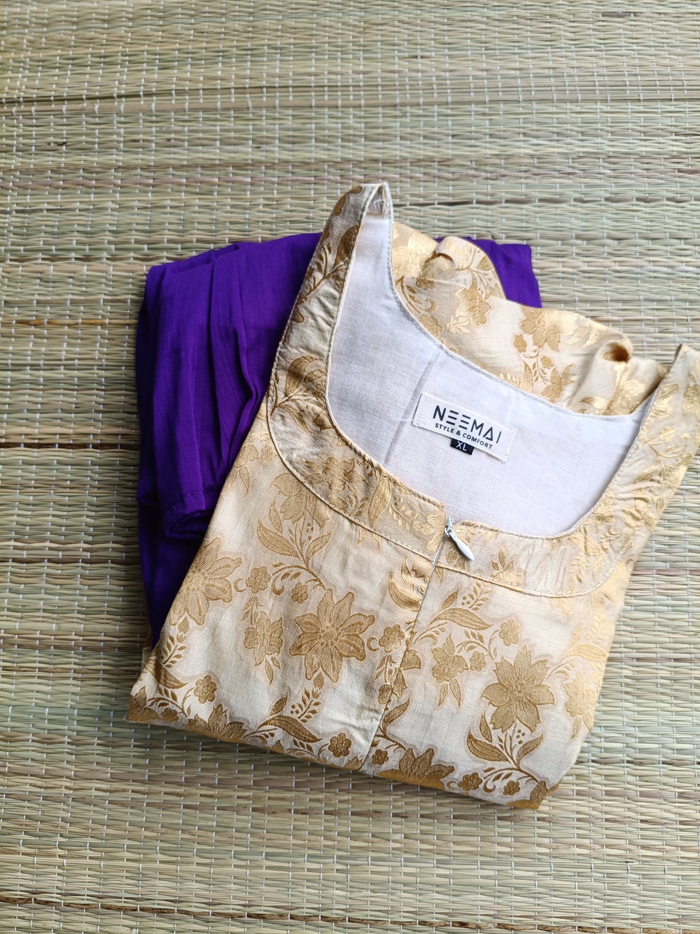 Raw silk Maternity Maxi/Gown in center zip - Festival Collection- Full cotton lining - White with purple