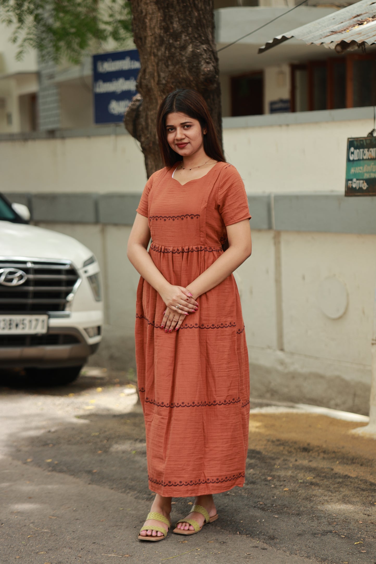 Premium Muslin- Feeding/ Maternity Maxi/Gown - Full Cotton lining /Double side zip -  Brown Muslin Embroidery