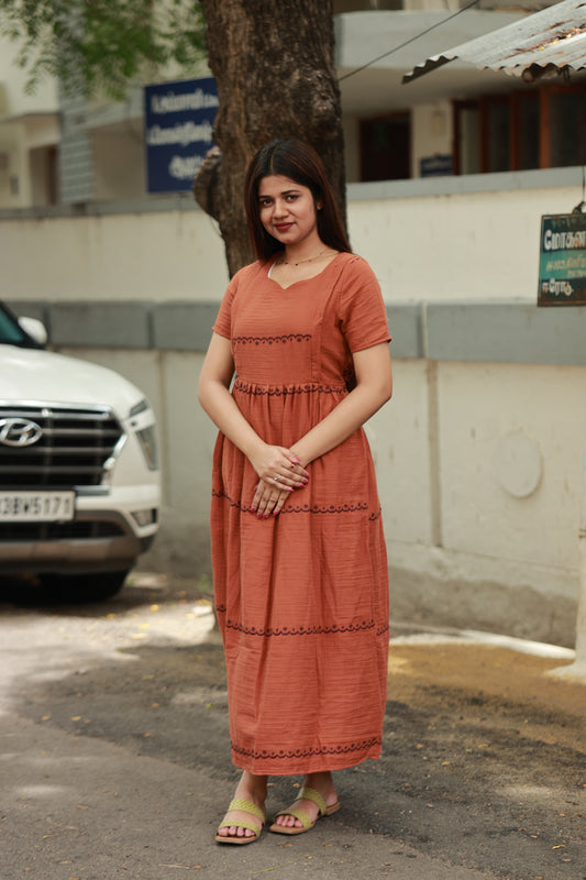 Premium Muslin- Feeding/ Maternity Maxi/Gown - Full Cotton lining /Double side zip -  Brown Muslin Embroidery