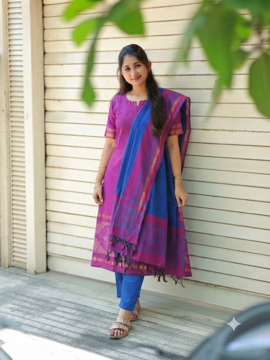 Pochampally sico set/ maternity 3 pc chudidhar set [ Top with center zip, pant and dupatta - Purple pink - A line no side open
