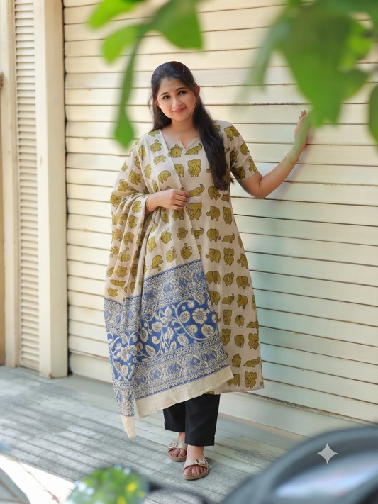 Block printed kalamkari cotton Maternity 2 pc chudidhar set [ Top with center zip, and dupatta - Green elephant kalamkari