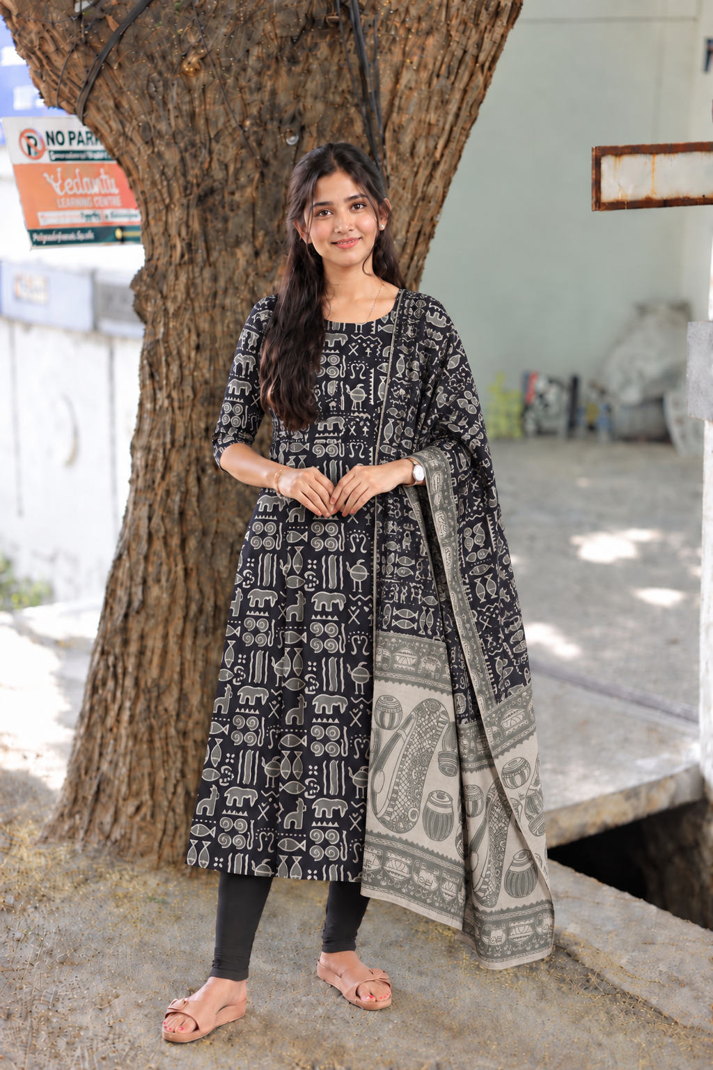 Block printed kalamkari cotton Maternity 2 pc chudidhar set [ Top with double side zip, and dupatta - Black fish