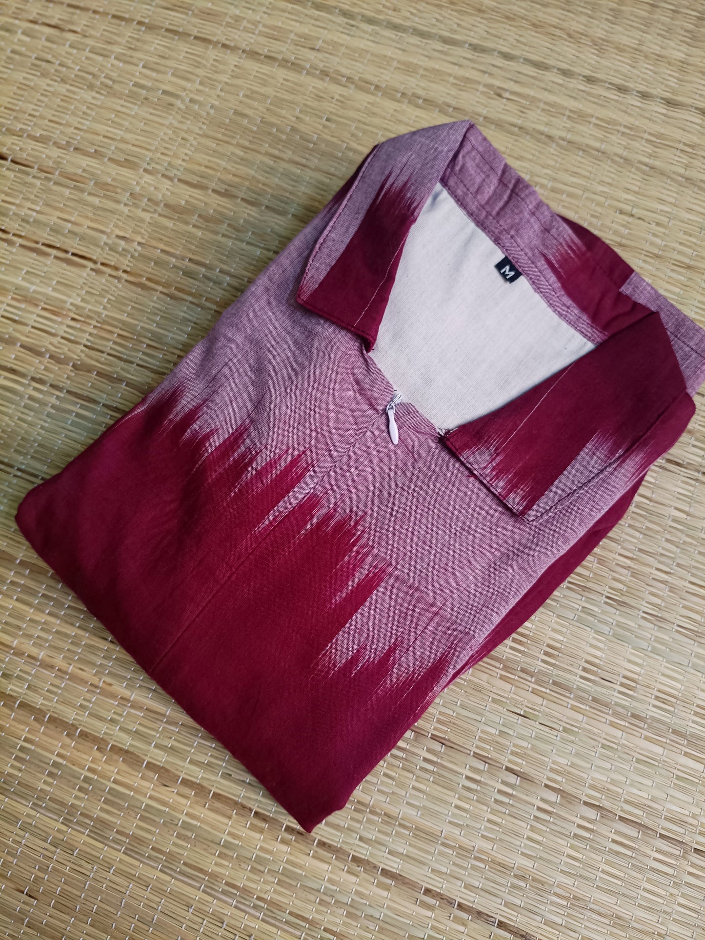 Ikkat Cotton Maternity Feeding Gown/ Maxi / Center  zip– Maroon with pink