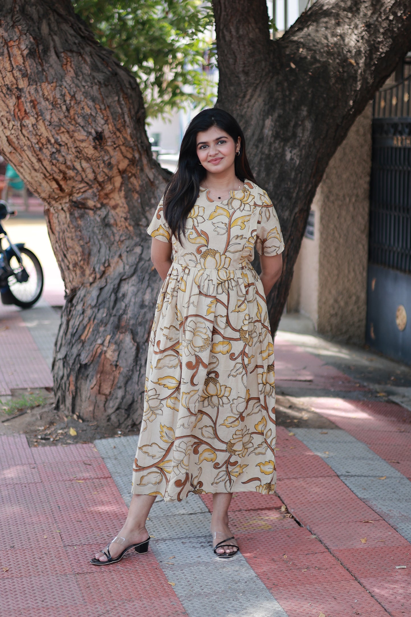 Kalamkari cotton- Feeding/ Maternity Maxi/Gown - Cotton lining  / Double side zip- Brown with yellow
