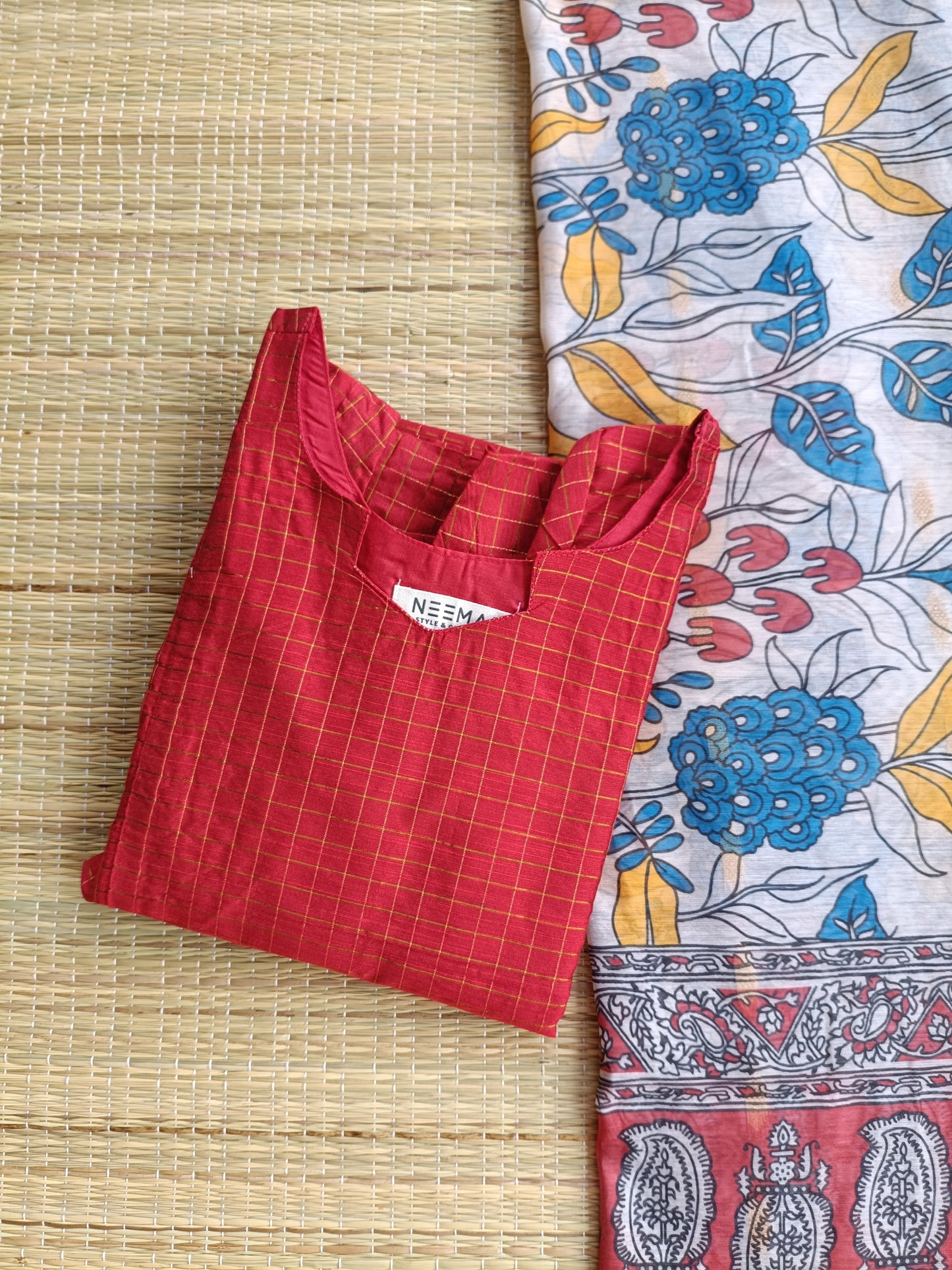 Raw Silk Maternity 2 Pc Chudidhar Set – Red checks/Double side Zip Side Open Top + Dupatta)