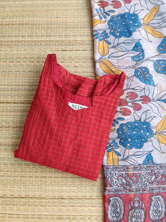 Raw Silk Maternity 2 Pc Chudidhar Set – Red checks/Double side Zip Side Open Top + Dupatta)