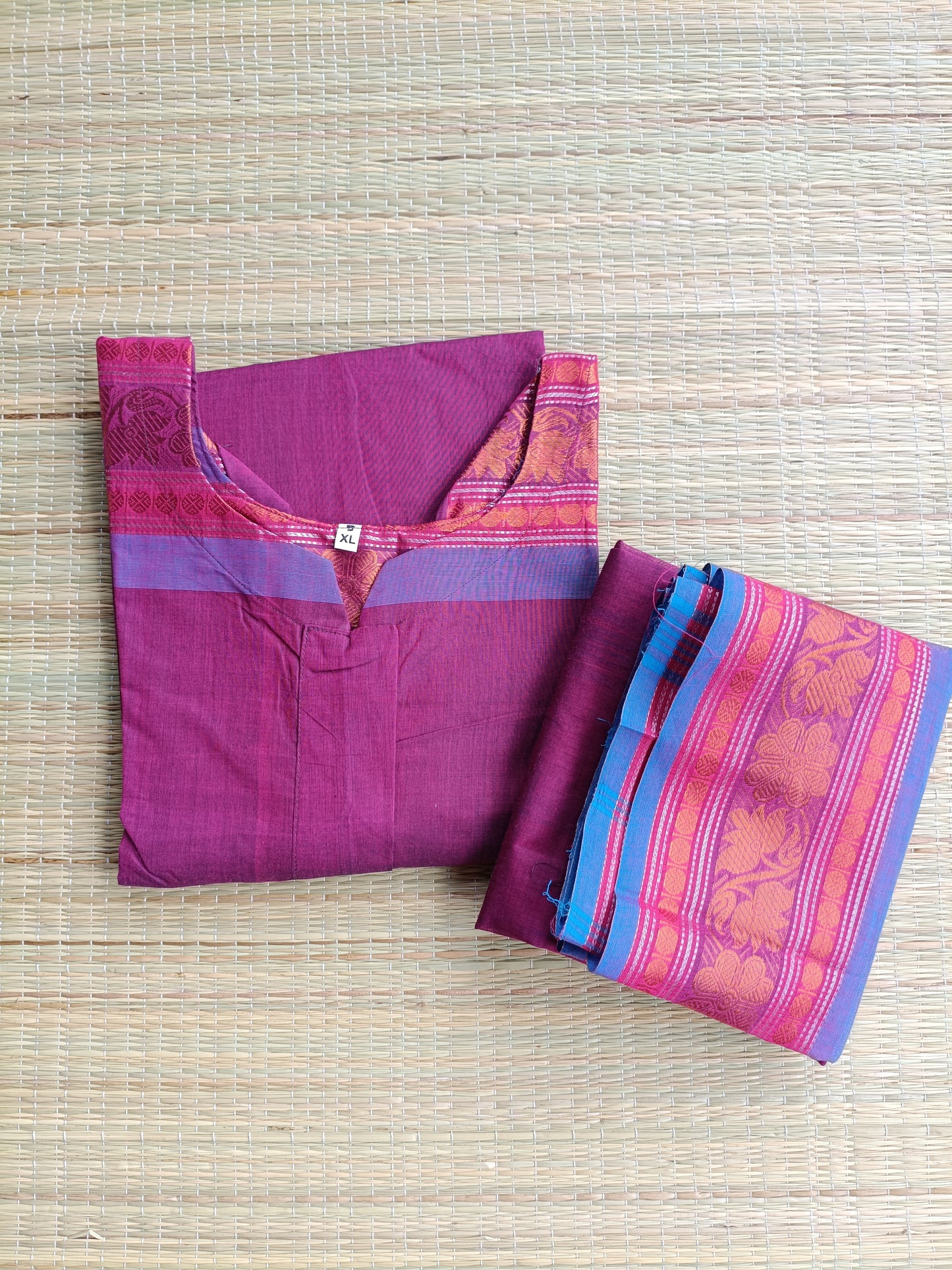 Cotton Maternity 2 pc chudidhar set [ Top with center side zip, and dupatta] - Plum - 5XL - A line top and no side open