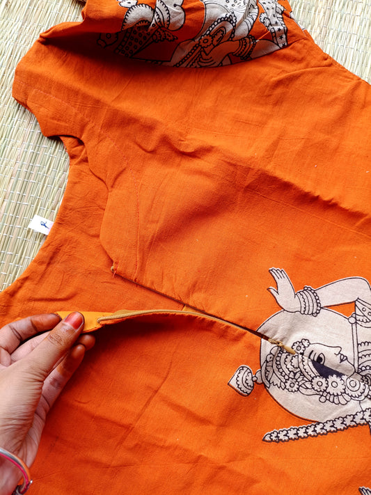 Block printed kalamkari cotton Maternity 3 pc chudidhar set [ Top with center zip, pant and dupatta] - Orange  Kalamkari