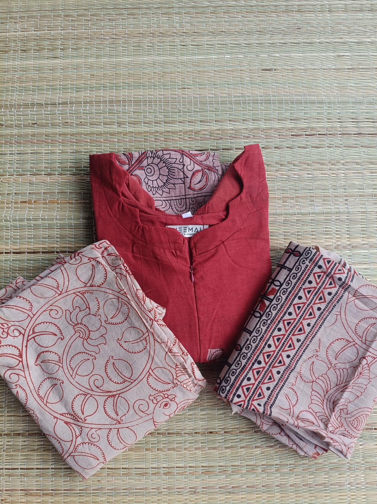 Block printed kalamkari cotton  3 pc chudidhar set [ Top with center zip, pant and dupatta] - Red  Kalamkari