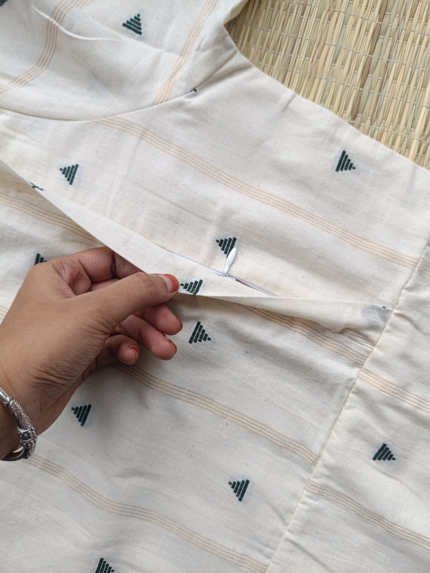 Onam special Maternity 2 pc chudidhar set [ Top with double side zip, and pant] -White and Green butta