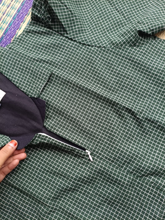 Prewashed handloom Cotton - Feeding/ Maternity Maxi/Gown - Cotton lining /Center zip -Collar Small green checks