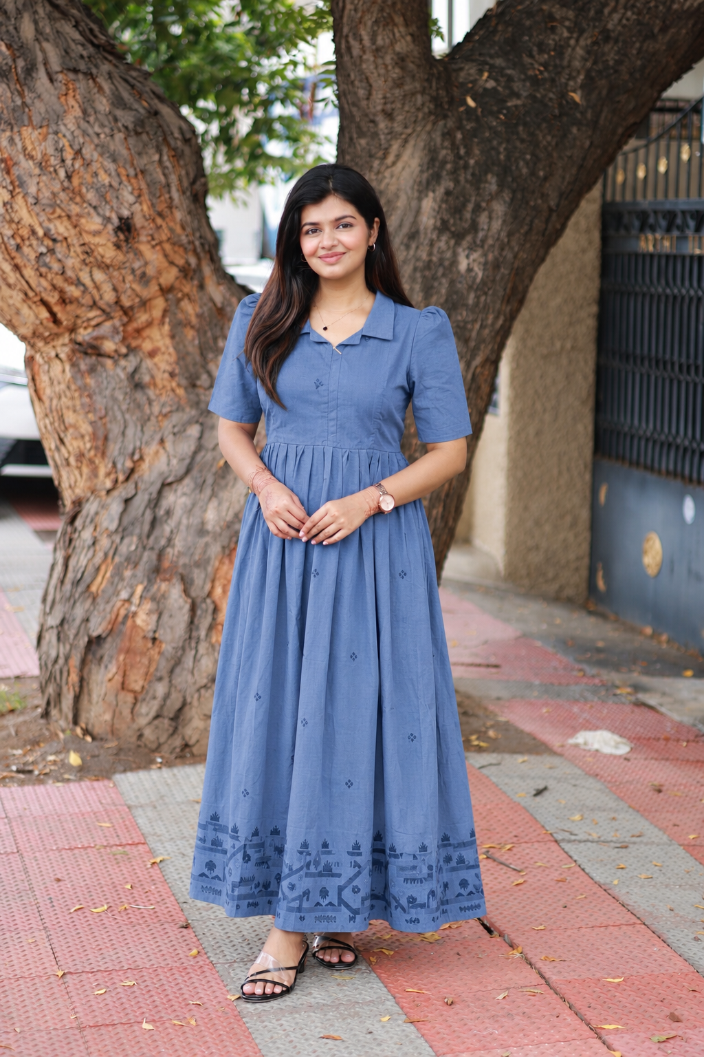 Prewashed Handloom Jamdani - Maternity / Feeding - Maxi/Gown - Cotton Lining - Center zip- Collar Sky blue