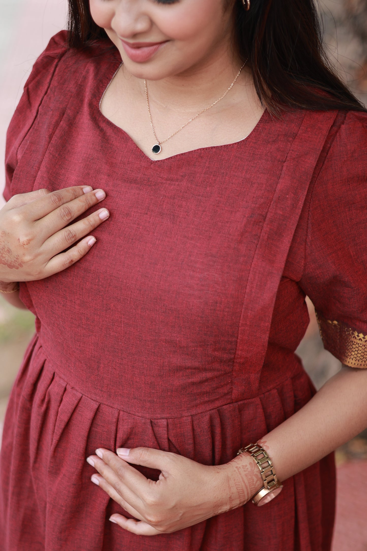 Chettinad Cotton -2 pc set -Maternity Maxi/Gown - Festival Collection -Full cotton lining- Double side zip with dupatta- Marron