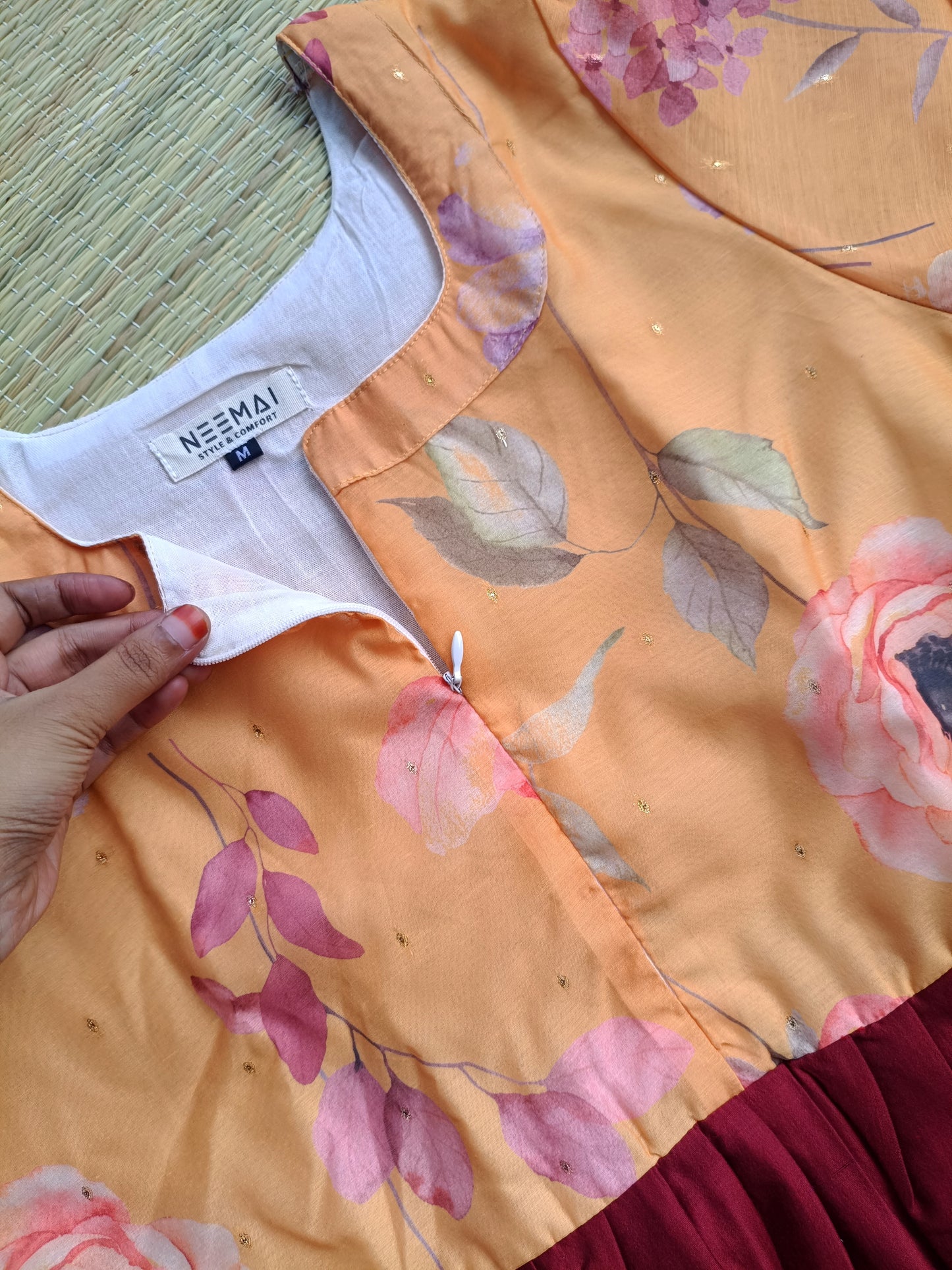 Raw silk Maternity Maxi/Gown in center zip - Festival Collection- Full cotton lining - Maroon with orange flower