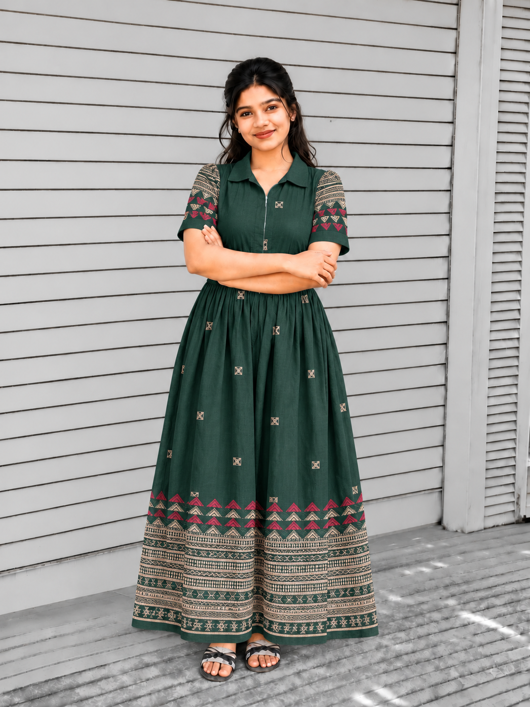 Handloom Jamdani - Maternity / Feeding - Maxi/Gown - Cotton Lining - Center zip- Collar Green and sandal