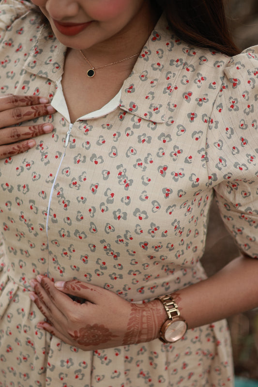 Premium Muslin - Feeding/ Maternity Maxi/Gown - Cotton lining /Center zip -Collar Sandal with red apple