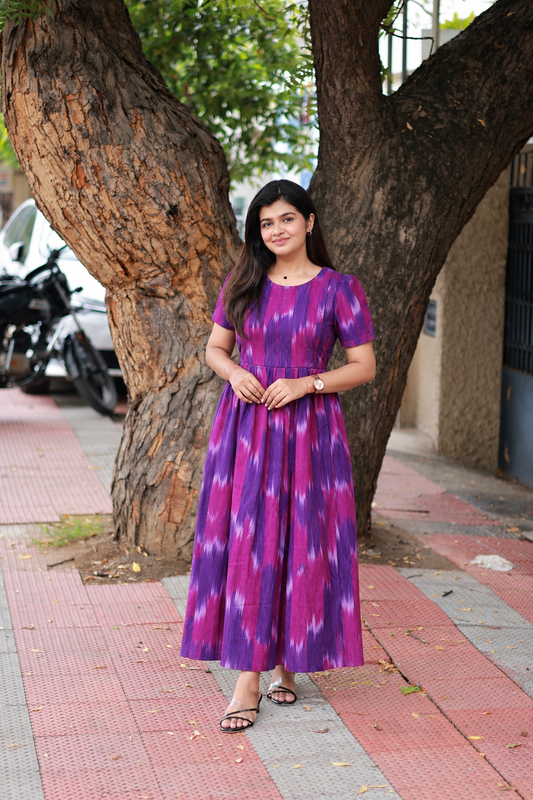 Ikkat Cotton Maternity Feeding Gown/ Maxi / Double side zip– purple and pink