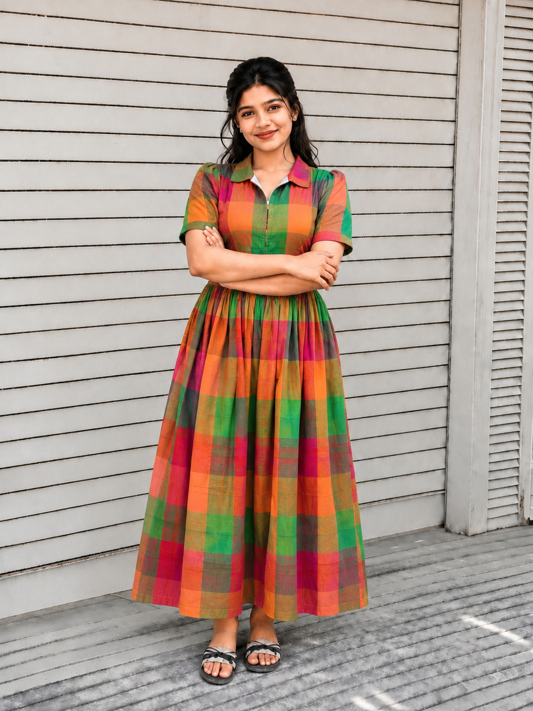 Madras checks Cotton - Feeding/ Maternity Maxi/Gown - Cotton lining /Center zip -Collar multi color