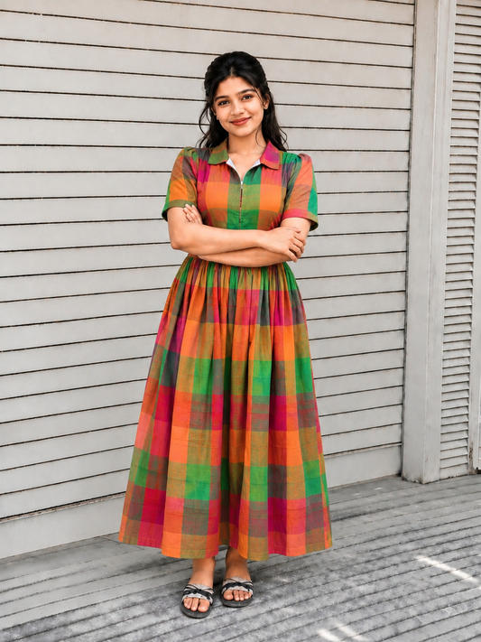 Madras checks Cotton - Feeding/ Maternity Maxi/Gown - Cotton lining /Center zip -Collar multi color