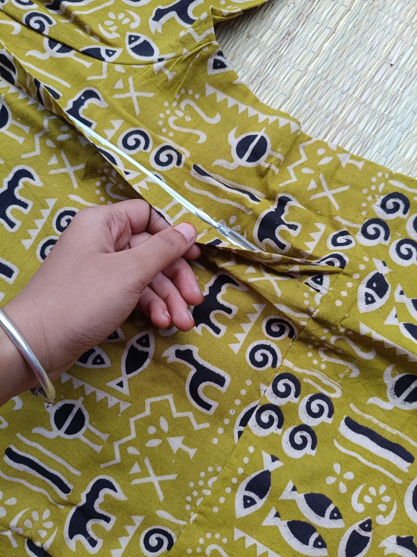 Block printed kalamkari cotton Maternity 2 pc chudidhar set [ Top with double side zip, and dupatta - Green fish